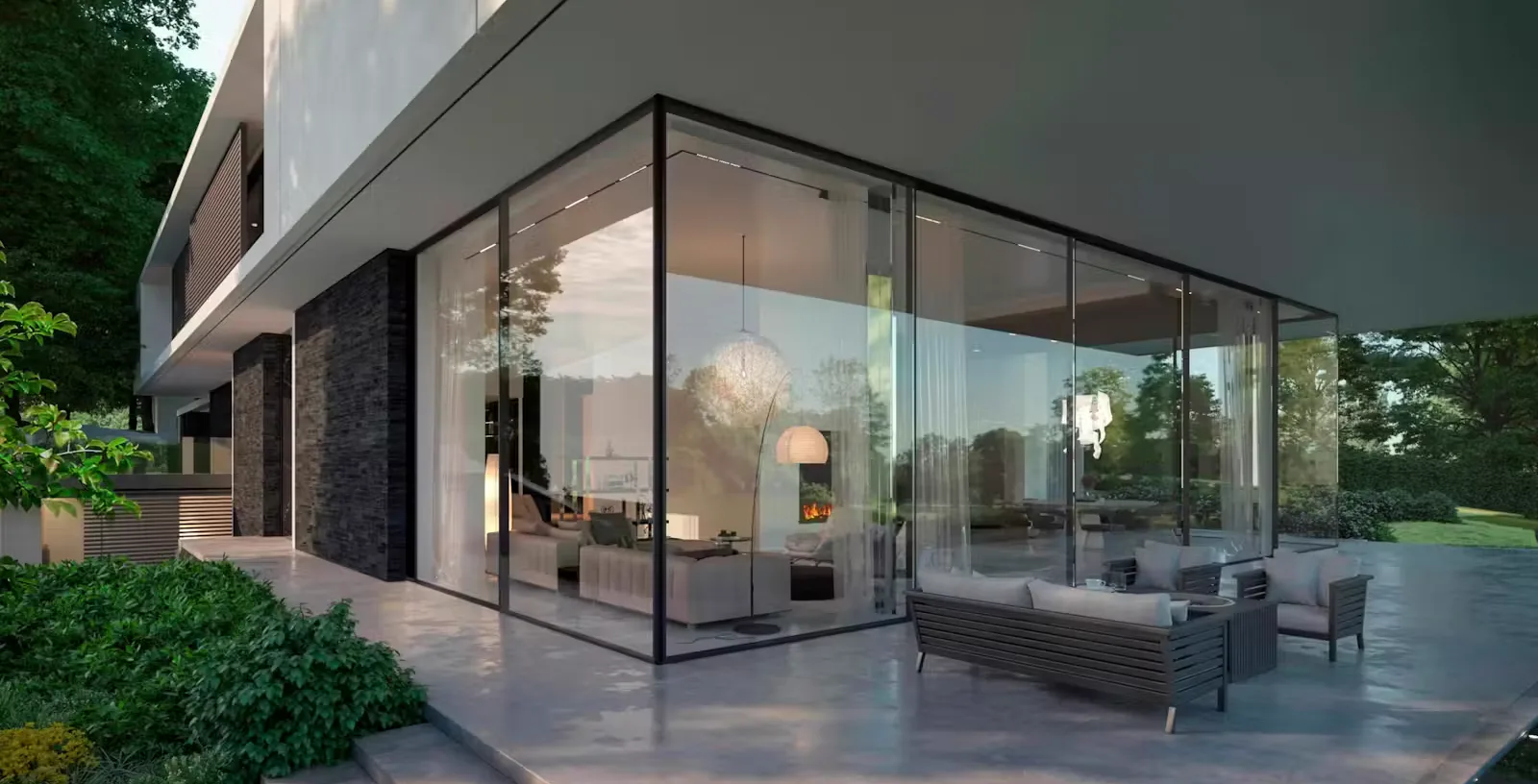 Modern architectural building with glass walls.